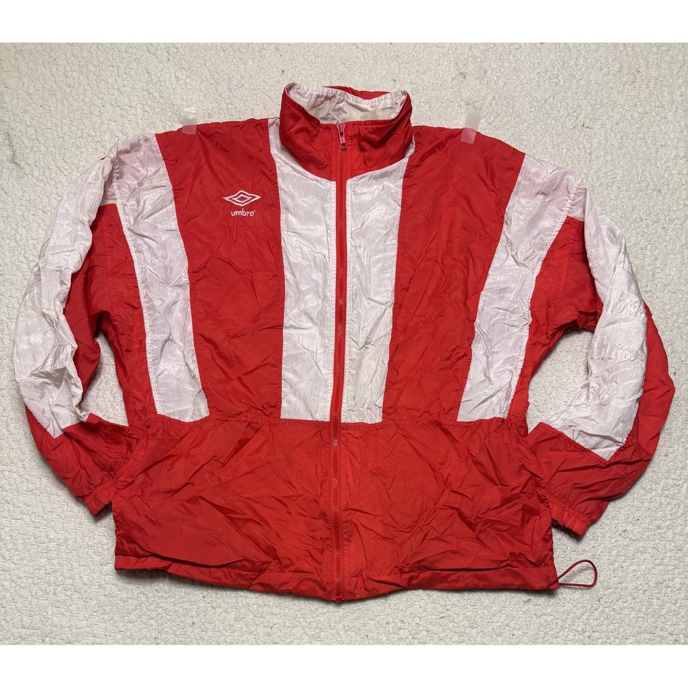 Vintage Umbro Mens Windbreaker Jacket Red White 90s Full Zip Nylon M U0825